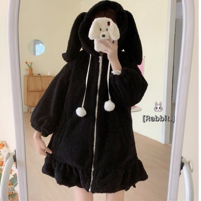 Cute Fluffy Rabbit Ear Oversized Long Sleeve Pullover Hoodie Sweatshirt E-Girl Kawaii Korean Japanese Harajuku