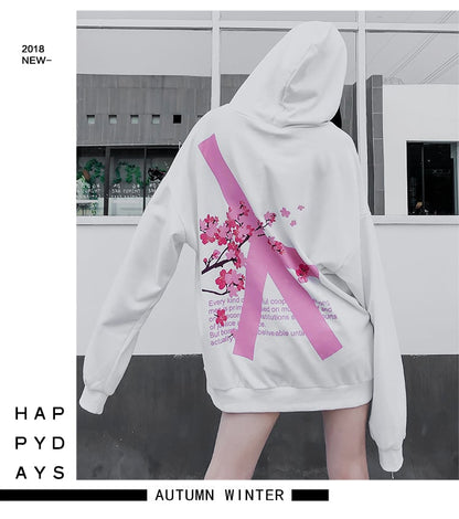 Cute Cherry Blossom Sakura Flower Print Oversized Unisex Long Sleeve Hoodie Sweater Sweatshirt E-Girl Kawaii Korean Japanese Harajuku Streetwear