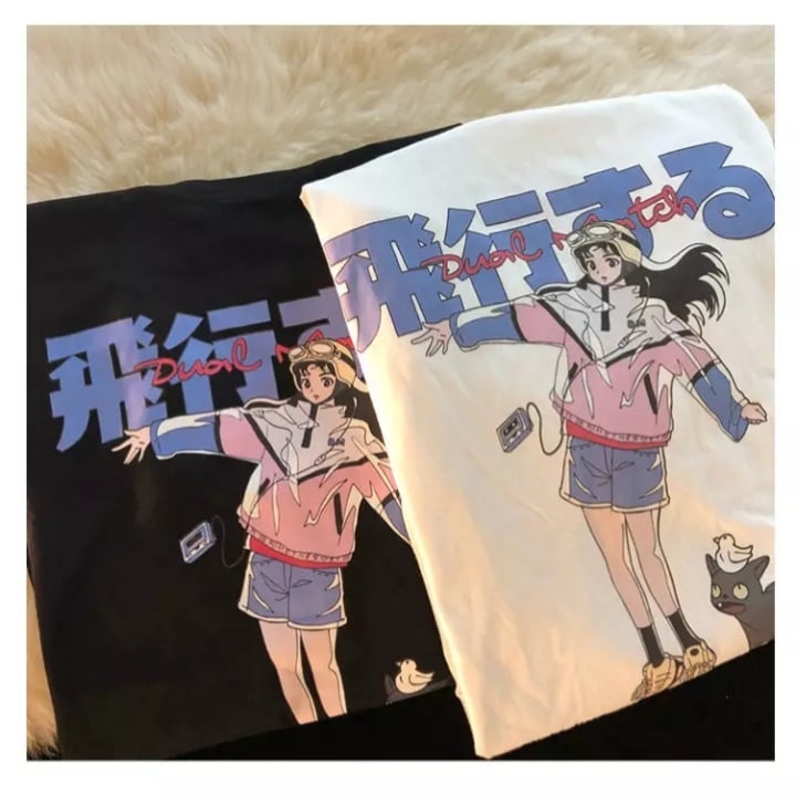 Cute White Graffiti Anime Girl Cat Cartoon Print Oversized Short Sleeve Shirt Punk Aesthetic Casual E-Girl Kawaii Korean Japanese Harajuku
