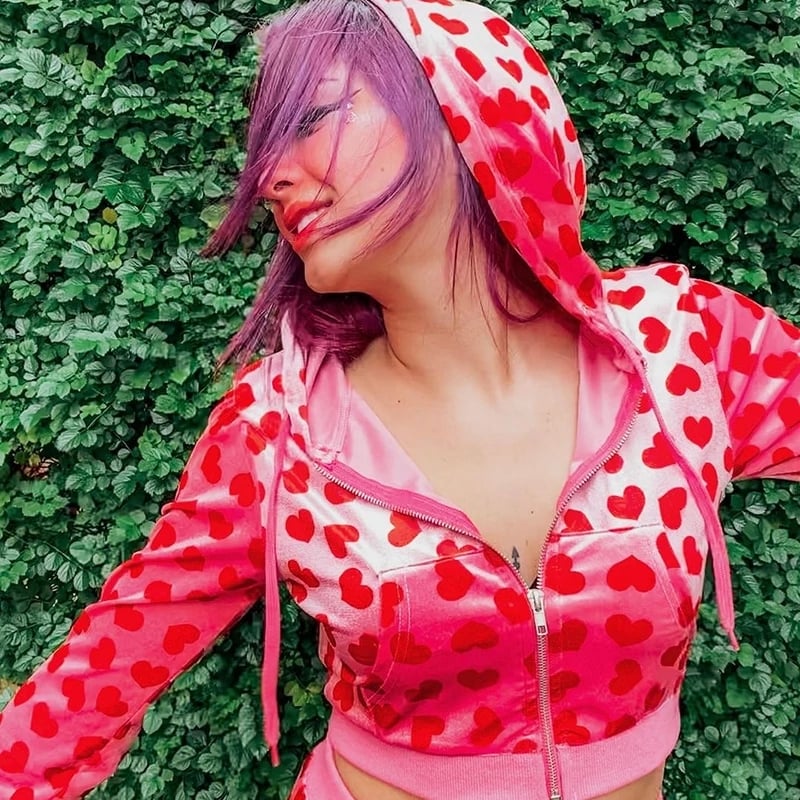 Cute Pink Heart Print Velvet Tracksuit Set Long Sleeve Cropped Hoodie + Sweatpants Aesthetic Casual Summer E-Girl Kawaii Korean Japanese Harajuku