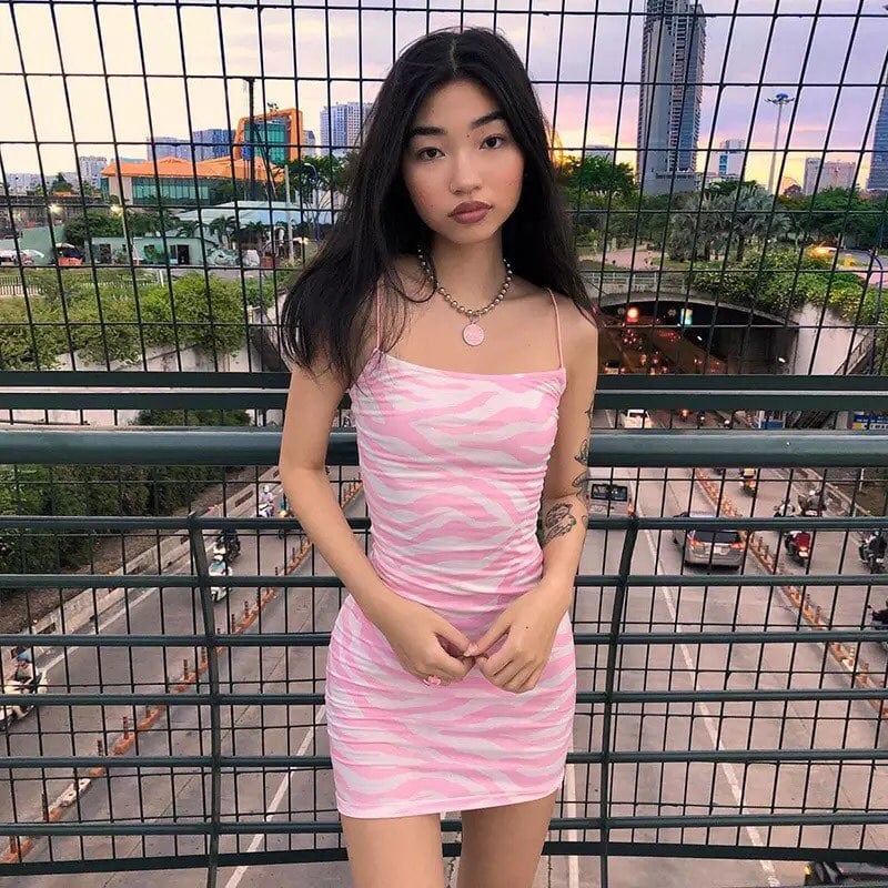 Pink Zebra Print Backless Bodycon Dress Party Club Summer Aesthetic Casual E-Girl Kawaii Korean Japanese Harajuku