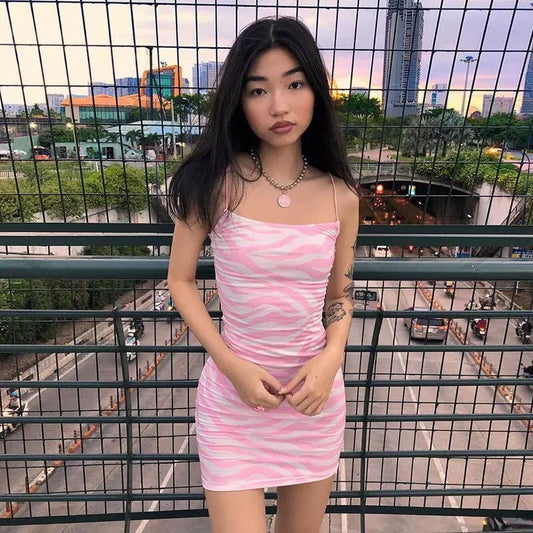 Pink Zebra Print Backless Bodycon Dress Party Club Summer Aesthetic Casual E-Girl Kawaii Korean Japanese Harajuku