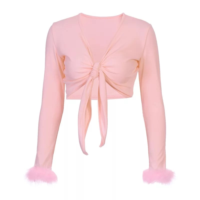 Cute Sexy Pink Cotton Cross Bow Tie V Neck Crop Top Long Sleeve Shirt Top Fur Club Part Summer Aesthetic Casual E-Girl Kawaii Korean Japanese Harajuku