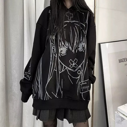 Cute Black Goth Anime Hoodie Grunge Loose Long Sleeve Shirt Aesthetic Casual E-Girl Kawaii Korean Japanese Harajuku