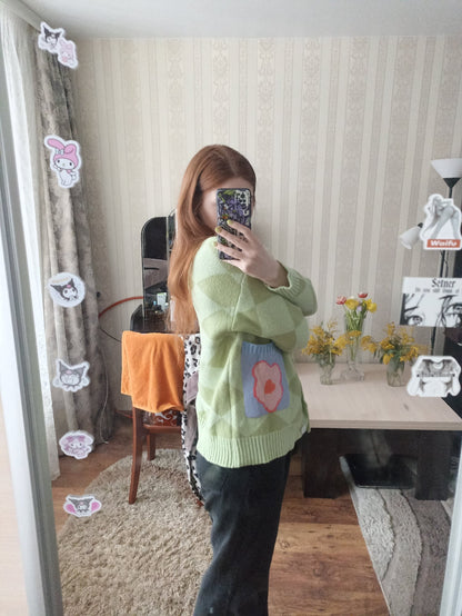 Colorful Checkered Oversized Cardigan Sweater