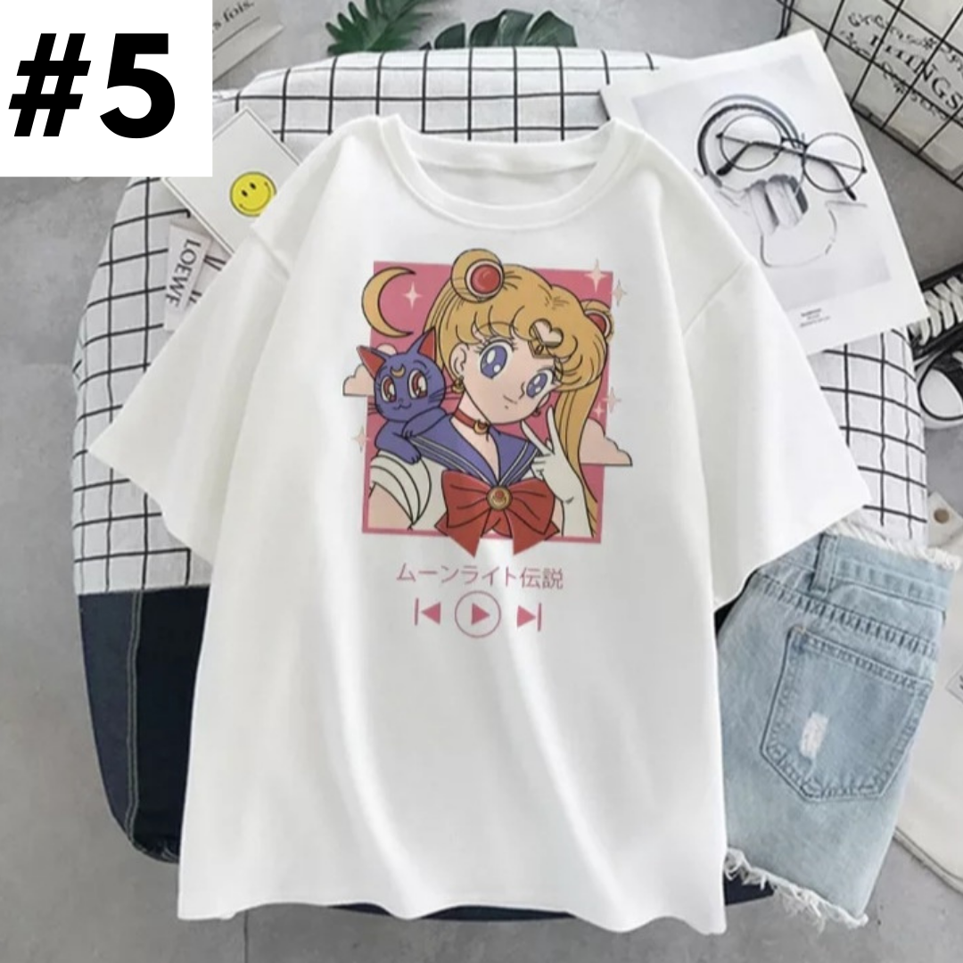 Cute Japanese Anime Girl Cartoon Print Loose Short Sleeve Shirt Aesthetic Casual E-Girl Kawaii Korean Japanese Harajuku