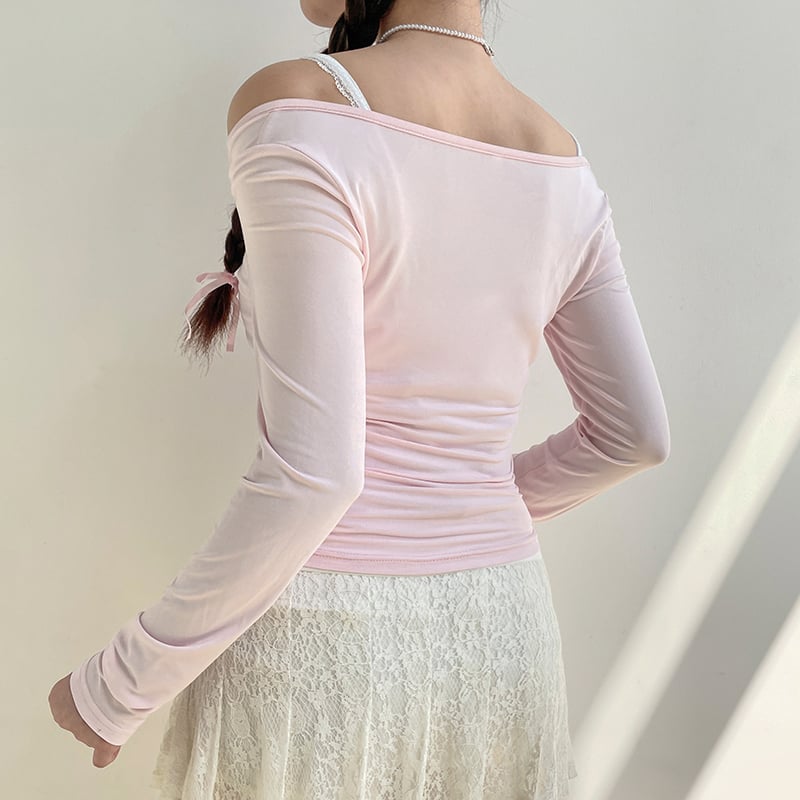 Sweet Lace Up Slash Neck Long Sleeve Shirt