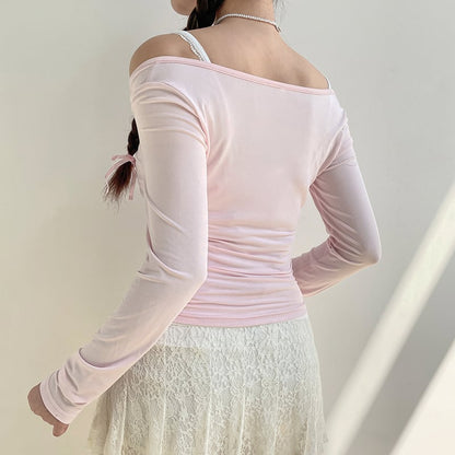 Sweet Lace Up Slash Neck Long Sleeve Shirt