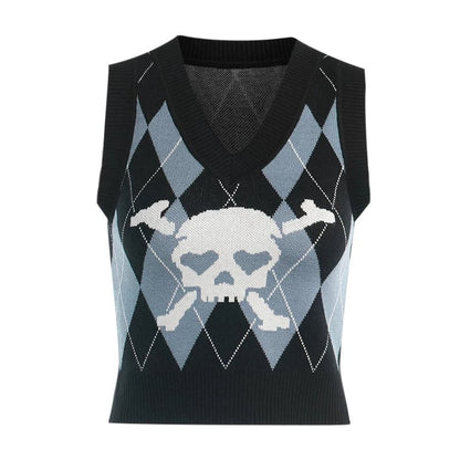 Cute Sexy V Neck Skull Print Knit Vest Sleeveless Crop Top Punk Goth Aesthetic Casual Summer E-Girl Kawaii Korean Japanese Harajuku