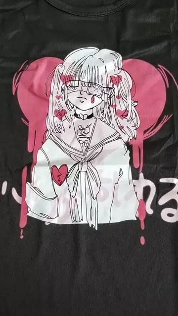 Cute Black Punk Goth Anime Girl Cartoon Print Short Sleeve Shirt Oversized Loose T-shirt Tee Top E-Girl Kawaii Korean Japanese Harajuku Streetwear