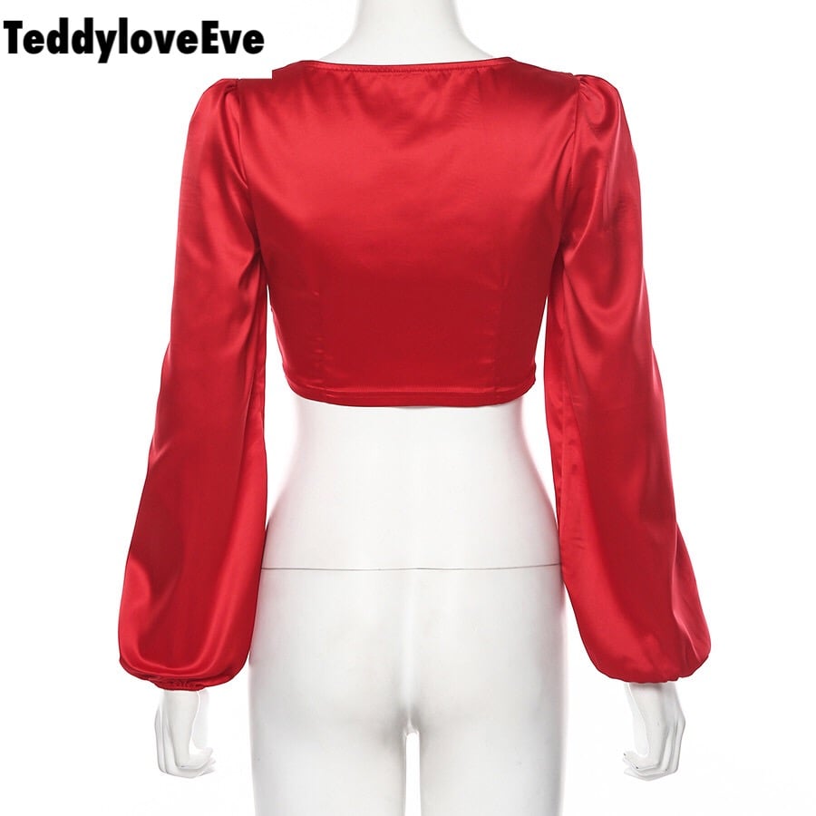 Cute Sexy Red Chiffon Low Cut Crop Top Long Sleeve Shirt Tee T-shirt E-Girl Kawaii Korean Japanese Harajuku Chinese Retro Streetwear Aesthetic
