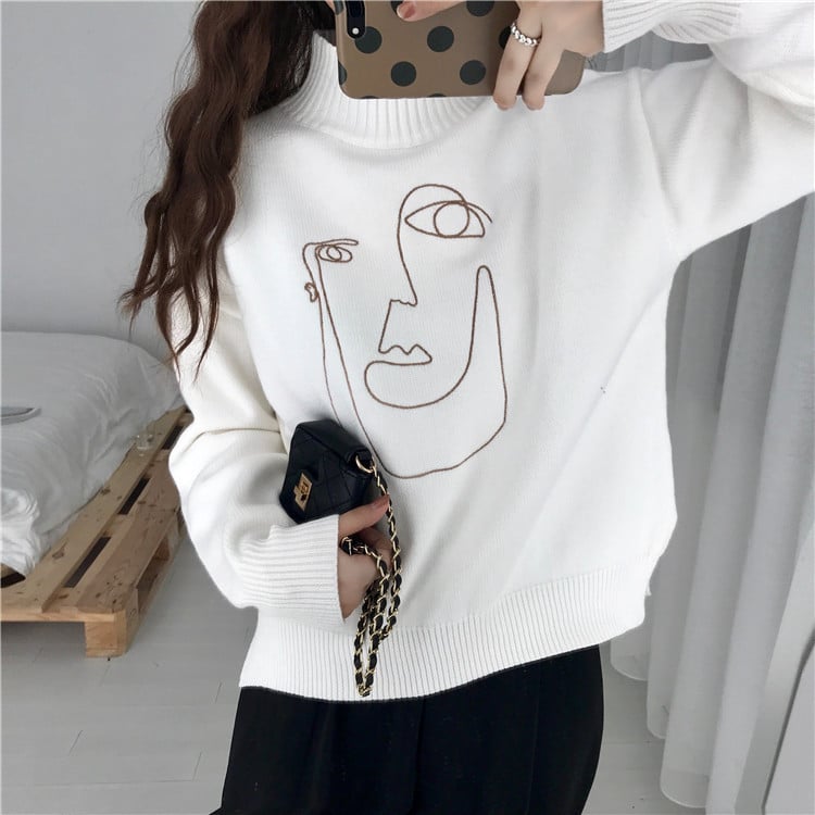 Cute Geometric Face Knit Turtleneck Oversized Sweater Long Sleeve Shirt Pullover Sweatshirt E-Girl Kawaii Korean Japanese Harajuku Retro Streetwear