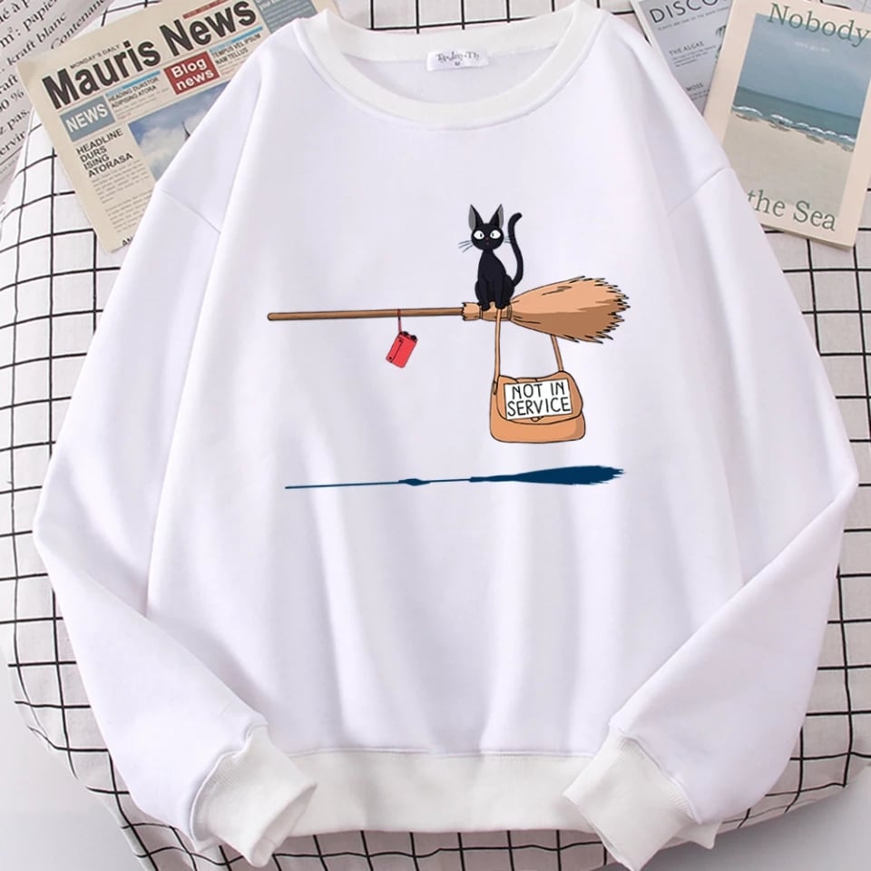 Cute Black Cat Japanese Anime Cartoon Print Oversized Fleece Crewneck