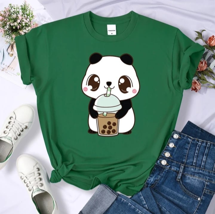 Cute Panda Bear Boba Bubble Milk Tea Graphic Cartoon Print Loose Short Sleeve T-shirt Aesthetic Casual Summer E-Girl Kawaii Korean Japanese Harajuku