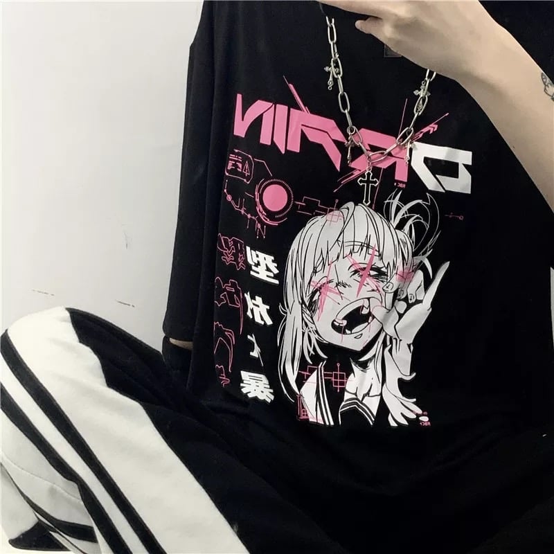 Cute Japanese Girl Punk Goth Print Graphic Casual Short Sleeve Shirt Tee T-shirt E-Girl Kawaii Korean Japanese Harajuku Retro Streetwear Aesthetic