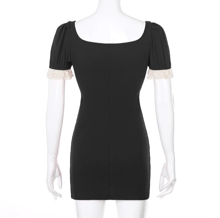 Cute Summer Square Neck Lace Patchwork Elegant Bodycon Short Sleeve Mini Dress Aesthetic Casual E-Girl Kawaii Korean Japanese Harajuku