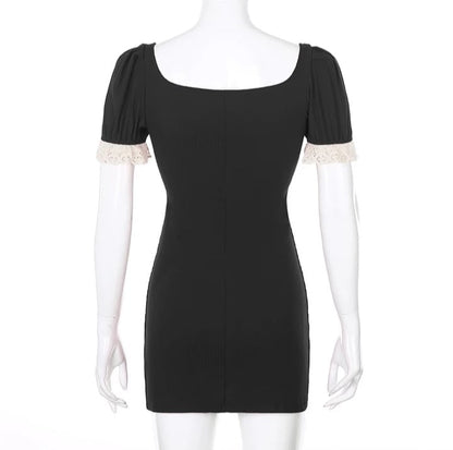 Cute Summer Square Neck Lace Patchwork Elegant Bodycon Short Sleeve Mini Dress Aesthetic Casual E-Girl Kawaii Korean Japanese Harajuku