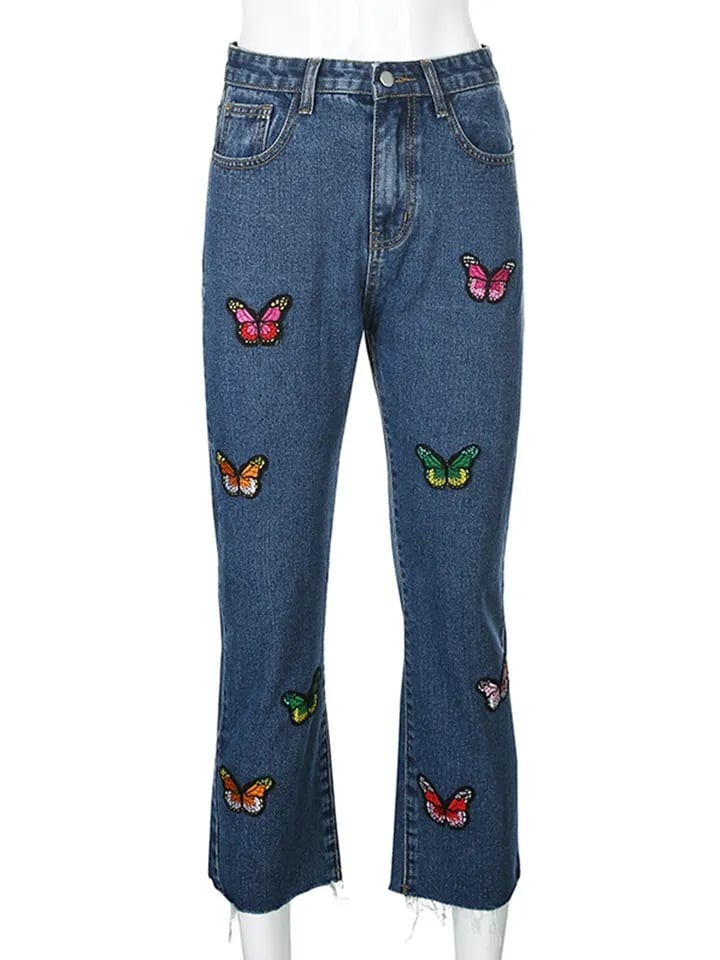 Butterfly Embroidery High Waist Denim Jeans