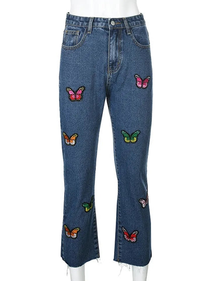 Butterfly Embroidery High Waist Denim Jeans