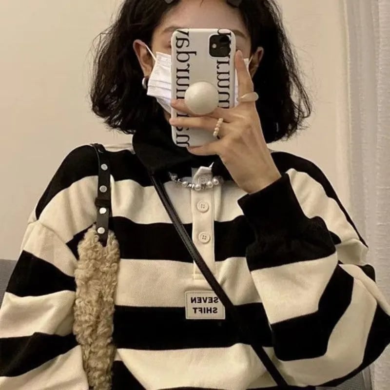 Black & White Stripe Polo Collar Sweatshirt