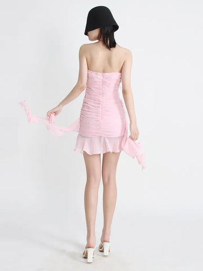 Pink Flower Halter Fold Mini Dress