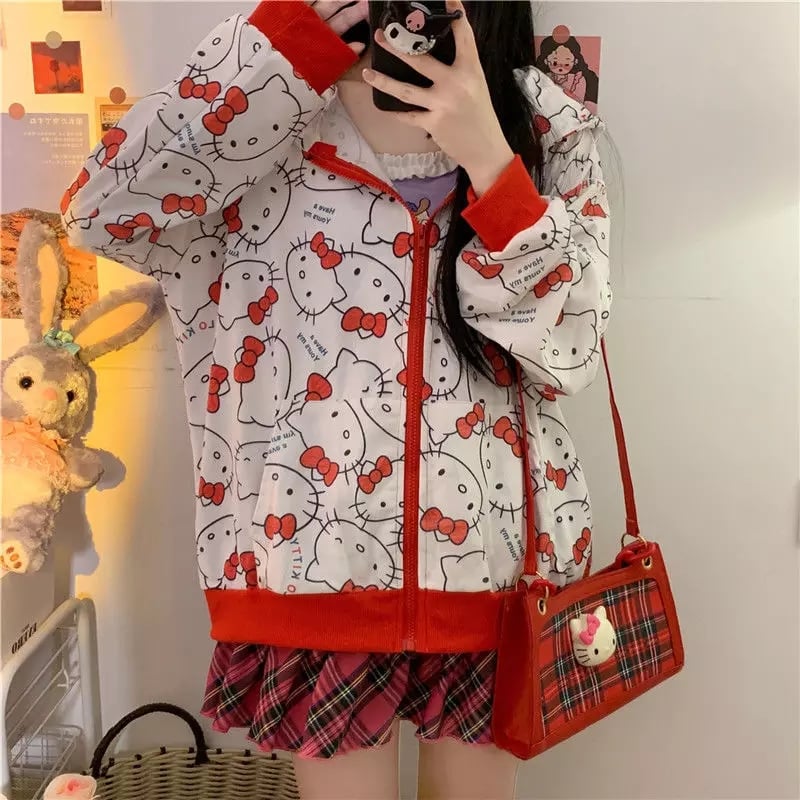 Cute Kitty Cat Cartoon Print Oversized Zipper Hoodie Sweatshirt Long Sleeve Pullover Aesthetic Casual Summer E-Girl Kawaii Korean Japanese Harajuku