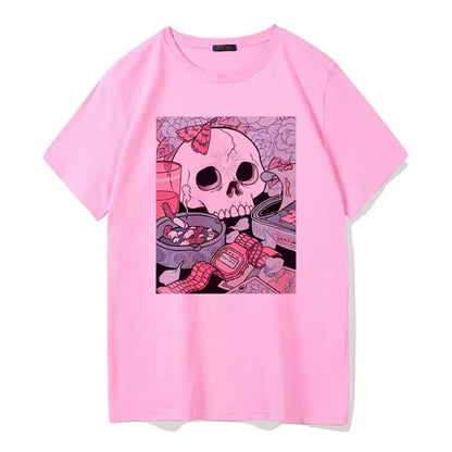 Cute Black Skull Goth Punk Print Cartoon Loose Short Sleeve Short T-shirt Tee Top Summer Casual E-Girl Kawaii Korean Japanese Harajuku Streetwear