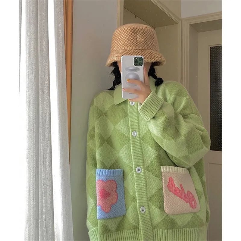 Colorful Checkered Oversized Cardigan Sweater