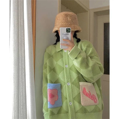 Colorful Checkered Oversized Cardigan Sweater
