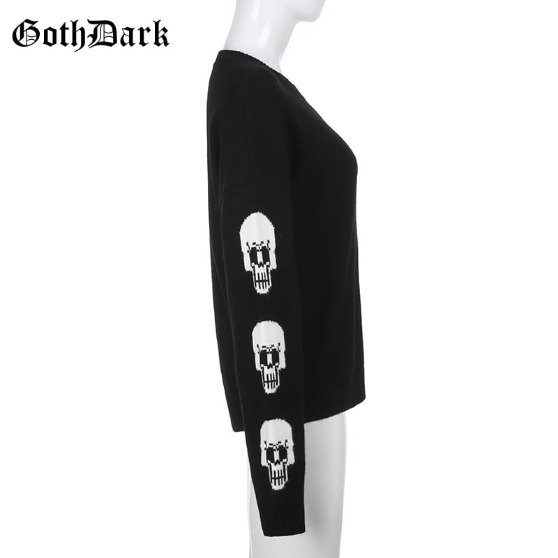 Black Skull Knit Sweater Sweatshirt Crewneck Long Sleeve Pullover Goth Punk Autumn Fall E-Girl Kawaii Korean Japanese Harajuku Streetwear
