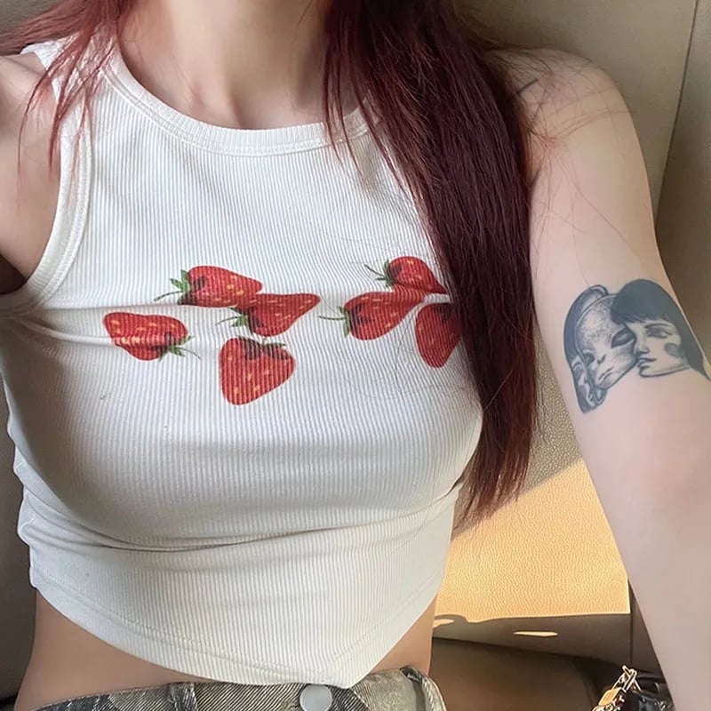 Strawberry Print Ribbed Tank Top