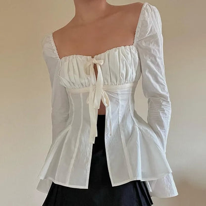 Square Collar Lace Up Flare Sleeve Shirt
