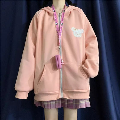 Cute Rabbit Ears Embroidery Loose Long Sleeve Sweatshirt Zip Up Hoodie Aesthetic Casual E-Girl Kawaii Korean Japanese Harajuku