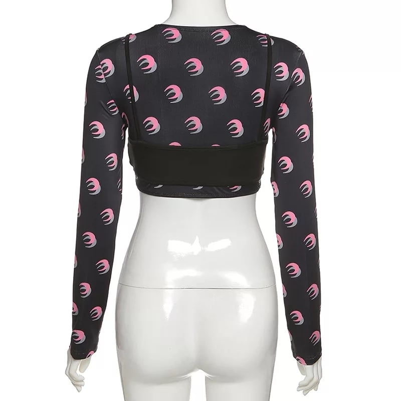 Cute Sexy 2pcs Moon Print Long Sleeve T-shirt Crop Top With Bra Camisole Summer Aesthetic Casual E-Girl Kawaii Korean Japanese Harajuku