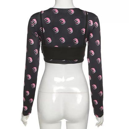 Cute Sexy 2pcs Moon Print Long Sleeve T-shirt Crop Top With Bra Camisole Summer Aesthetic Casual E-Girl Kawaii Korean Japanese Harajuku