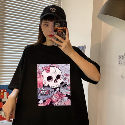 Cute Black Skull Goth Punk Print Cartoon Loose Short Sleeve Short T-shirt Tee Top Summer Casual E-Girl Kawaii Korean Japanese Harajuku Streetwear