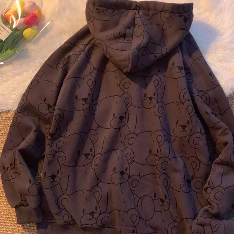 Cute Teddy Brown Bear Oversized Hoodie Zip Up Sweatshirt Sweater Long Sleeve Jumper Pullover E-Girl Kawaii Korean Japanese Harajuku Streetwear