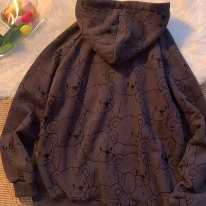 Cute Teddy Brown Bear Oversized Hoodie Zip Up Sweatshirt Sweater Long Sleeve Jumper Pullover E-Girl Kawaii Korean Japanese Harajuku Streetwear