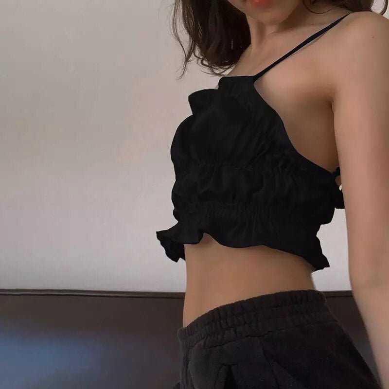 Blue Silk Satin Ruched Ruffle Frilly Tank Top Backless Crop Top Sleeveless Shirt Summer Aesthetic Casual E-Girl Kawaii Korean Japanese Harajuku