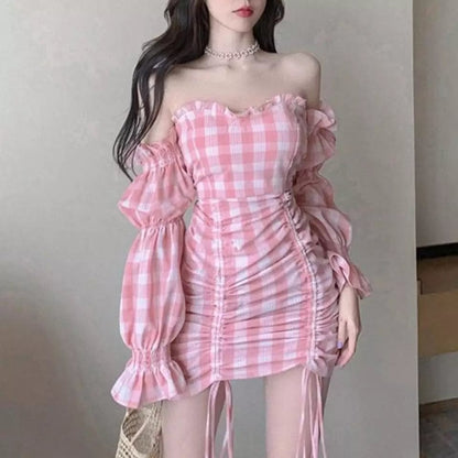 Cute Pink Gingham Plaid Off Shoulder Long Sleeve Drawstring Bodycon Dress Aesthetic Casual Summer E-Girl Kawaii Korean Japanese Harajuku