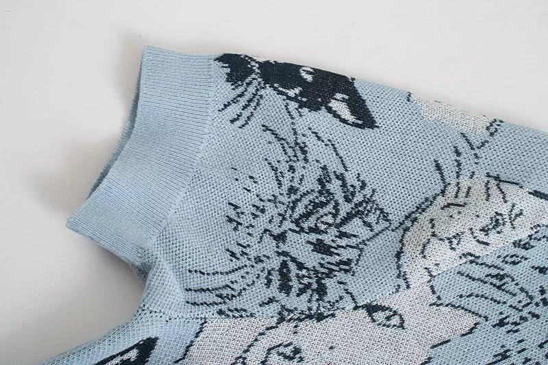 Blue Cat Knit Short Sleeve Shirt
