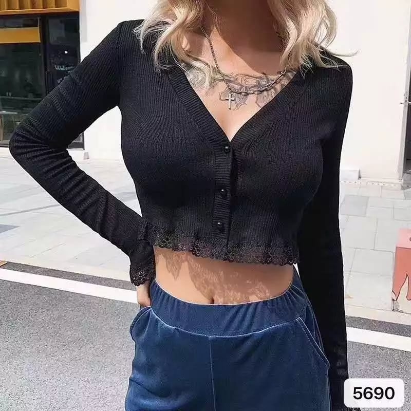 Cute Pink Black Green White Long Sleeve Button Up Crop Top Knit Cardigan Sweater Aesthetic Casual E-Girl Kawaii Korean Japanese Harajuku