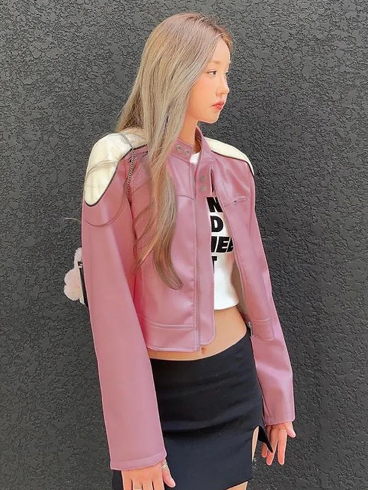 Pink PU Leather Retro Motorbike Jacket