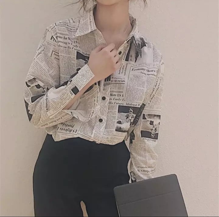 Cute Vintage Newspaper Letter Print Button Up Long Sleeve Shirt Blouse Top Aesthetic Casual E-Girl Kawaii Korean Japanese Harajuku