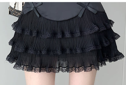 Chiffon Bow Pleated A-Line High Waist Mini Skirt