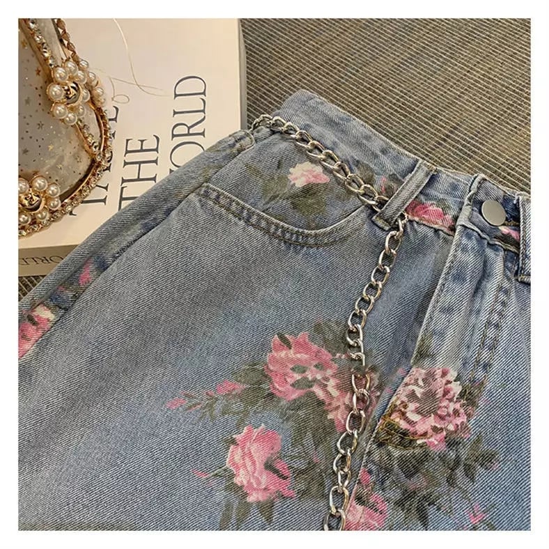 Cute Vintage Flowers Print Maxi Denim Skirt High Waist Open Split Straight Summer Aesthetic Casual E-Girl Kawaii Korean Japanese Harajuku