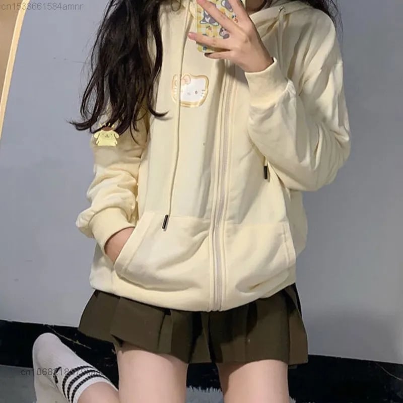 Yellow Cat Cartoon Print Zip Up Hoodie
