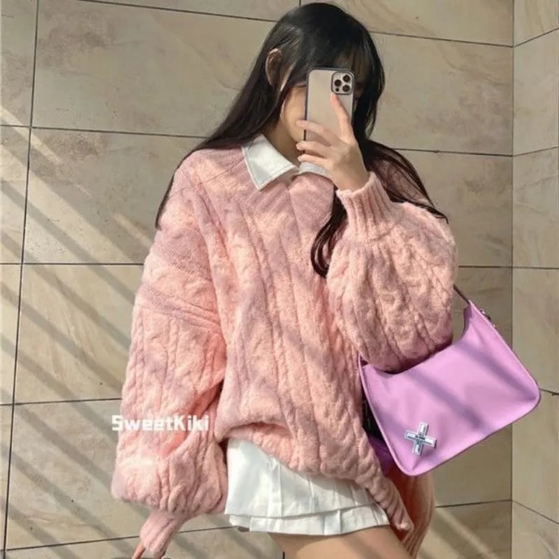Pink Preppy Cable Knit V Neck Sweater