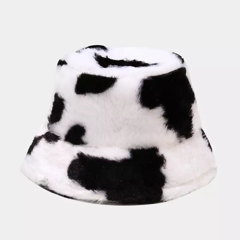 Cow Print Plush Bucket Hat Warm Soft Velvet Fishermen Cap Animal Print Winter Women E-Girl Kawaii Korean Japanese Harajuku Streetwear