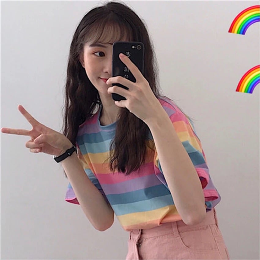 Cute Causal Pastel Rainbow Colorful Stripe Loose Round Neck Short Sleeve Tee Shirt T-shirt Top E-Girl Kawaii Korean Japanese Harajuku Retro Streetwear